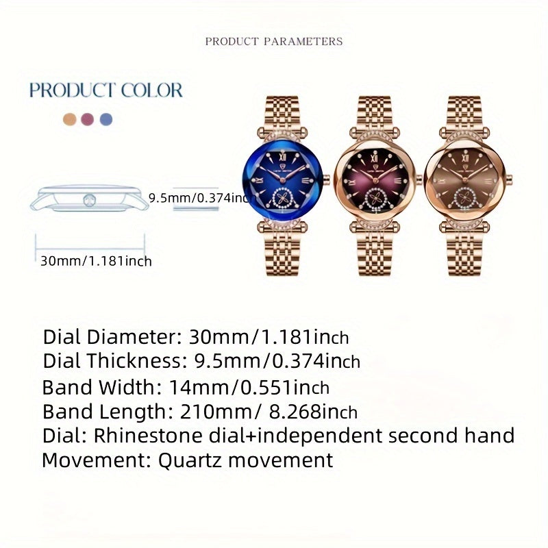 Elegant Women's Quartz Watch with Rhinestone Accents - Rose Golden Case & Stainless Steel Band, Roman Numerals, Independent Second Hand - Ideal for Business or Formal Wear - Perfect Mother's Day, Christmas, or Back-to-School